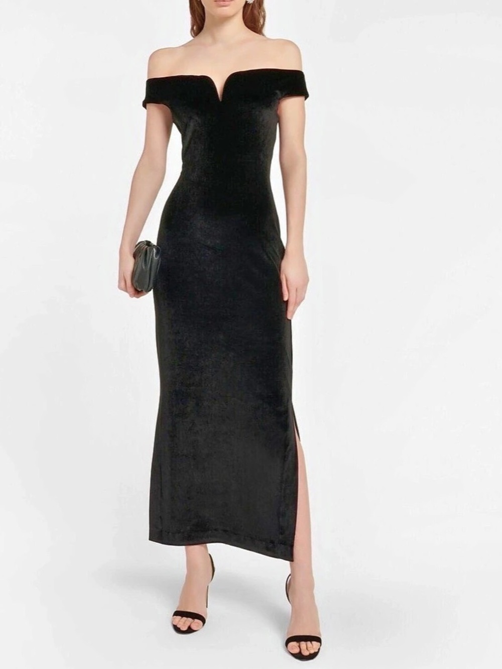 Nanushka Lucy Black Velvet Off Shoulder Maxi Dress L NWOT $795